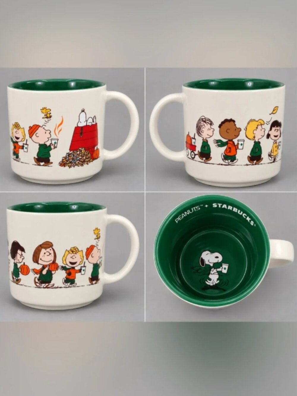 Starbucks Peanuts Snoopy Ceramic Mug - White with Green Interior - Picture 2 of 6
